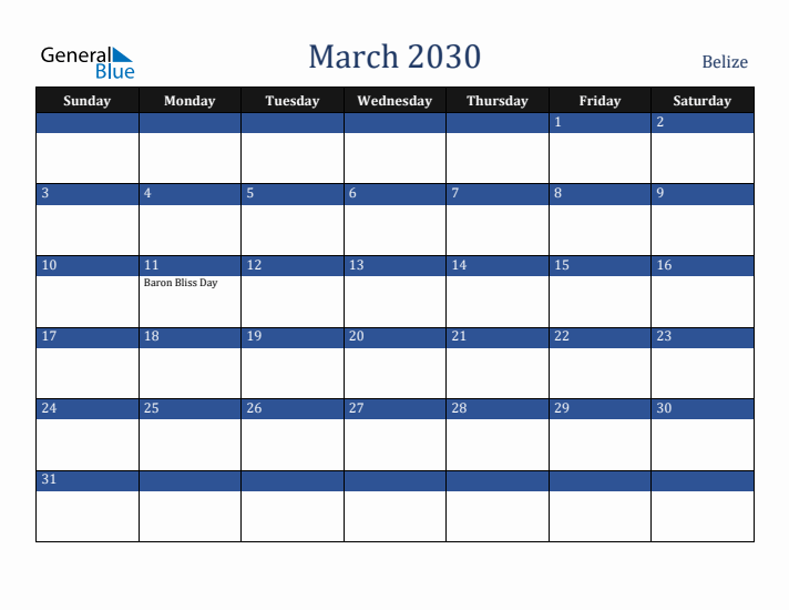 March 2030 Belize Calendar (Sunday Start)