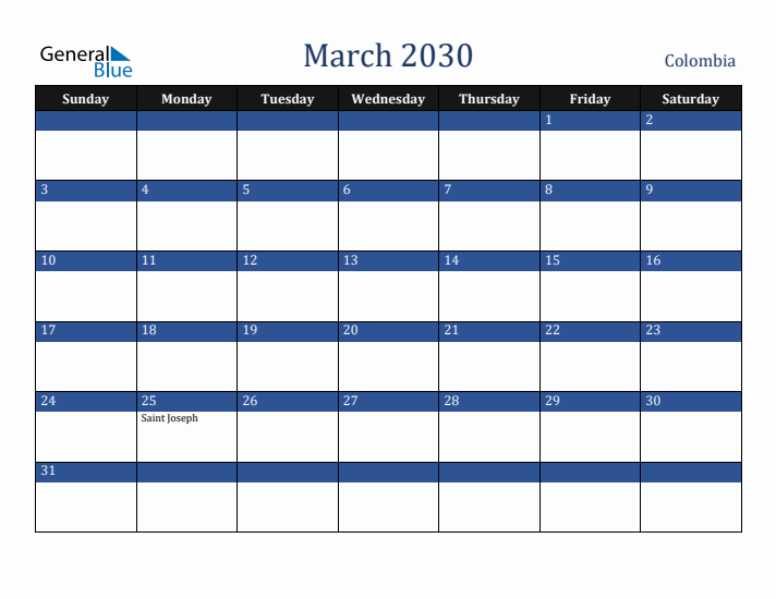 March 2030 Colombia Calendar (Sunday Start)