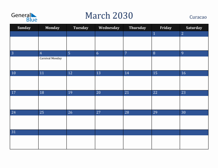 March 2030 Curacao Calendar (Sunday Start)