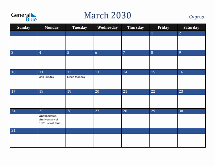 March 2030 Cyprus Calendar (Sunday Start)