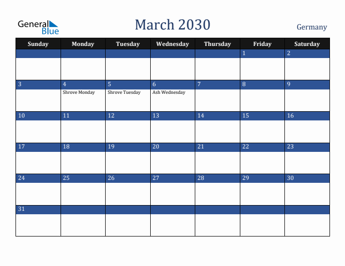 March 2030 Germany Calendar (Sunday Start)