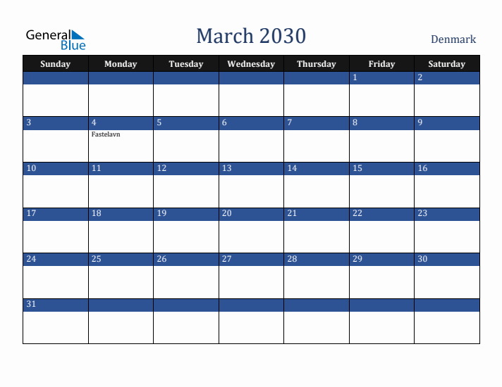 March 2030 Denmark Calendar (Sunday Start)