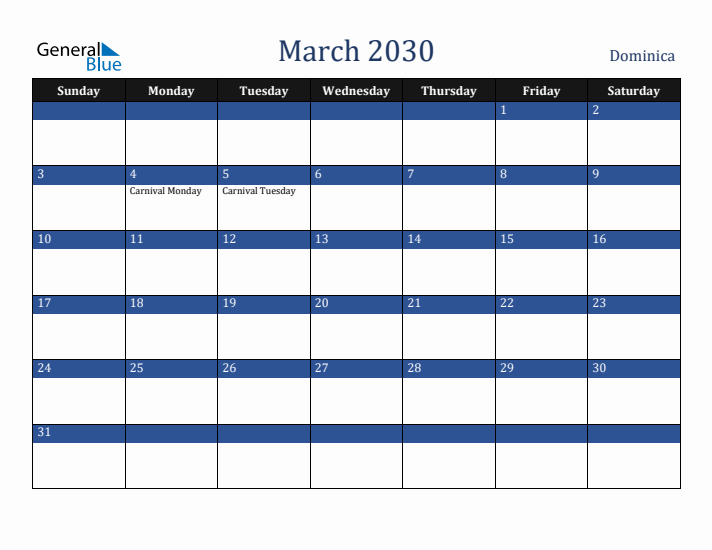 March 2030 Dominica Calendar (Sunday Start)