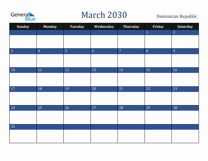 March 2030 Dominican Republic Calendar (Sunday Start)
