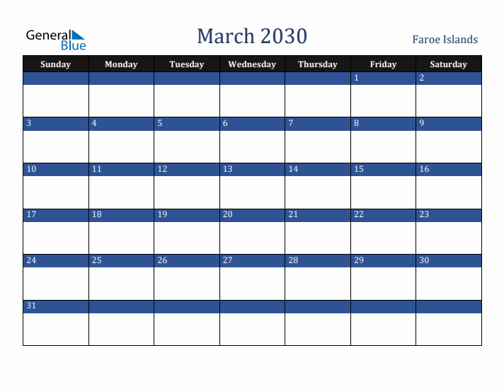 March 2030 Faroe Islands Calendar (Sunday Start)