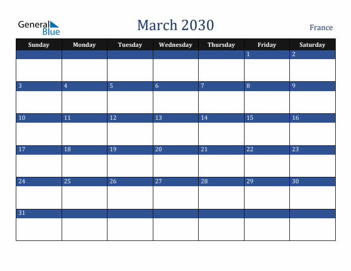 March 2030 France Calendar (Sunday Start)