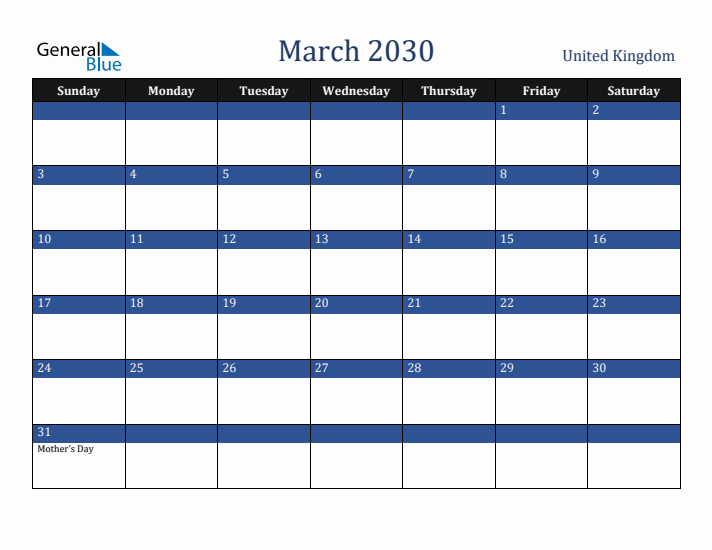 March 2030 United Kingdom Calendar (Sunday Start)