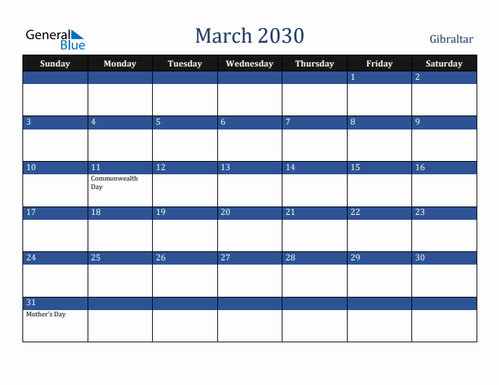 March 2030 Gibraltar Calendar (Sunday Start)