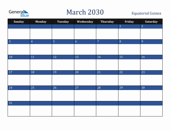 March 2030 Equatorial Guinea Calendar (Sunday Start)