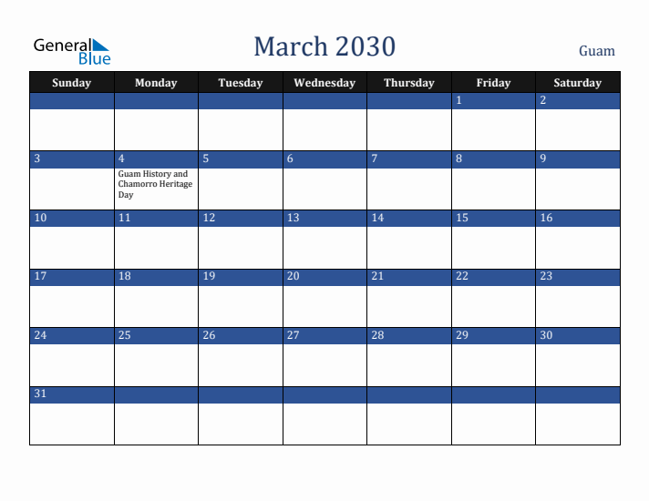 March 2030 Guam Calendar (Sunday Start)