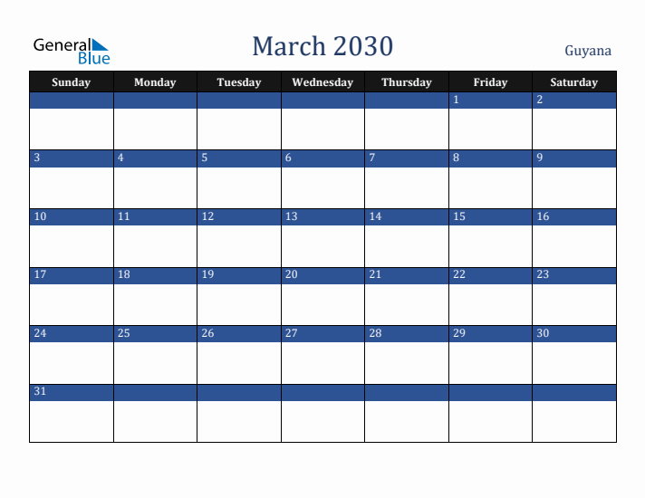 March 2030 Guyana Calendar (Sunday Start)