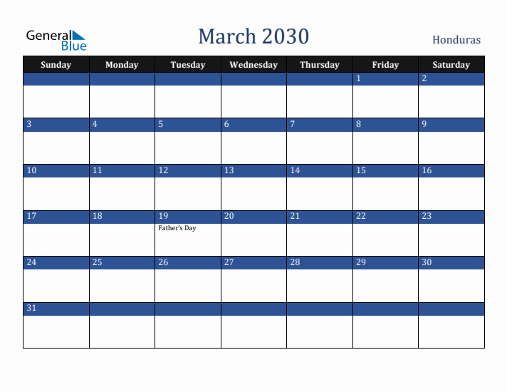 March 2030 Honduras Calendar (Sunday Start)