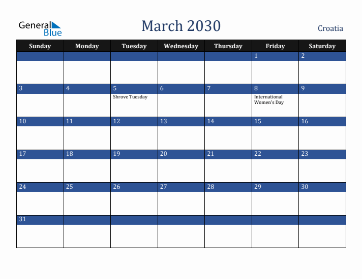 March 2030 Croatia Calendar (Sunday Start)