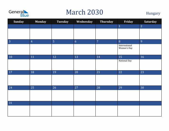 March 2030 Hungary Calendar (Sunday Start)