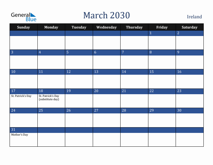 March 2030 Ireland Calendar (Sunday Start)