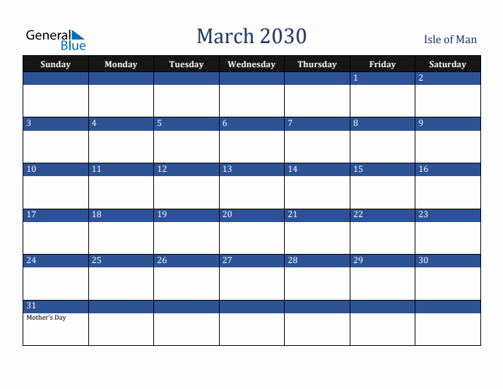 March 2030 Isle of Man Calendar (Sunday Start)