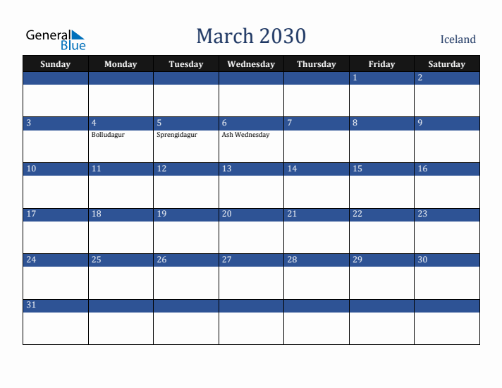 March 2030 Iceland Calendar (Sunday Start)