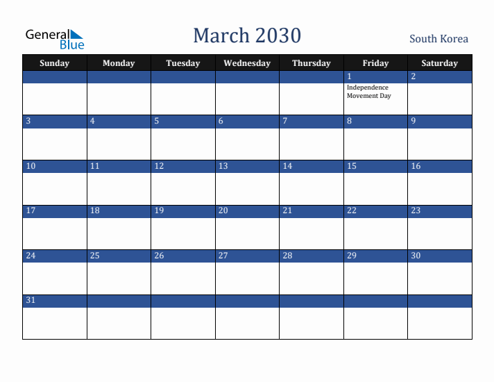 March 2030 South Korea Calendar (Sunday Start)
