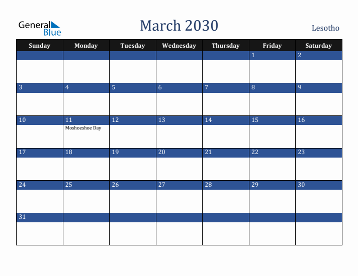 March 2030 Lesotho Calendar (Sunday Start)