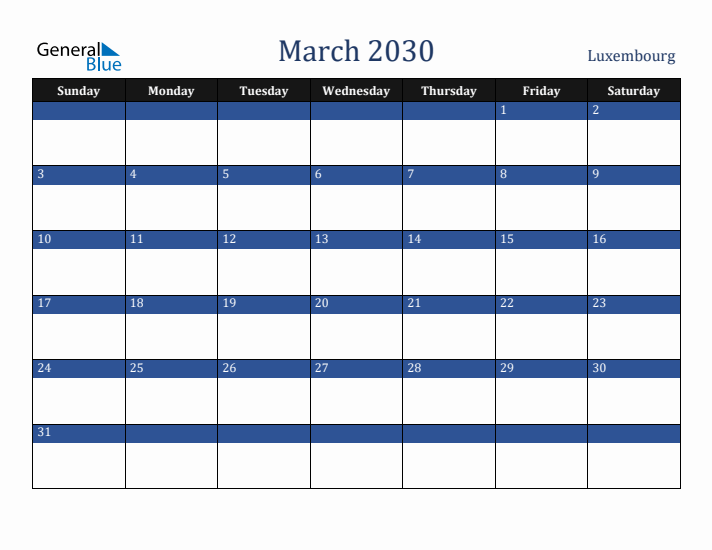 March 2030 Luxembourg Calendar (Sunday Start)