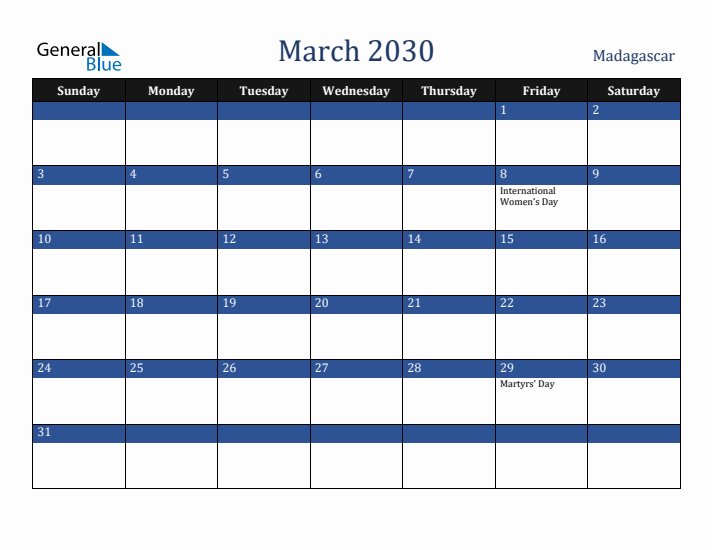 March 2030 Madagascar Calendar (Sunday Start)