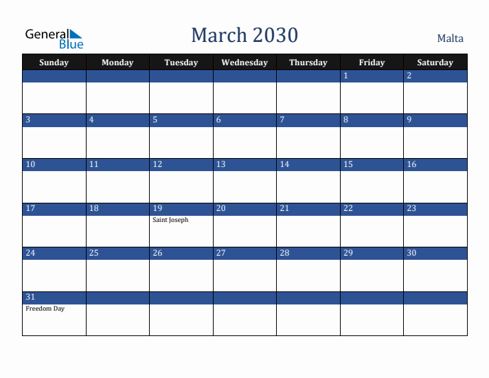 March 2030 Malta Calendar (Sunday Start)