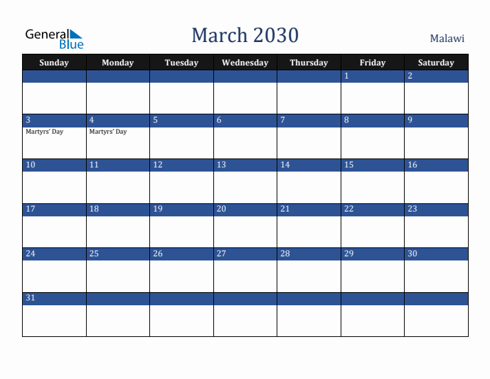 March 2030 Malawi Calendar (Sunday Start)