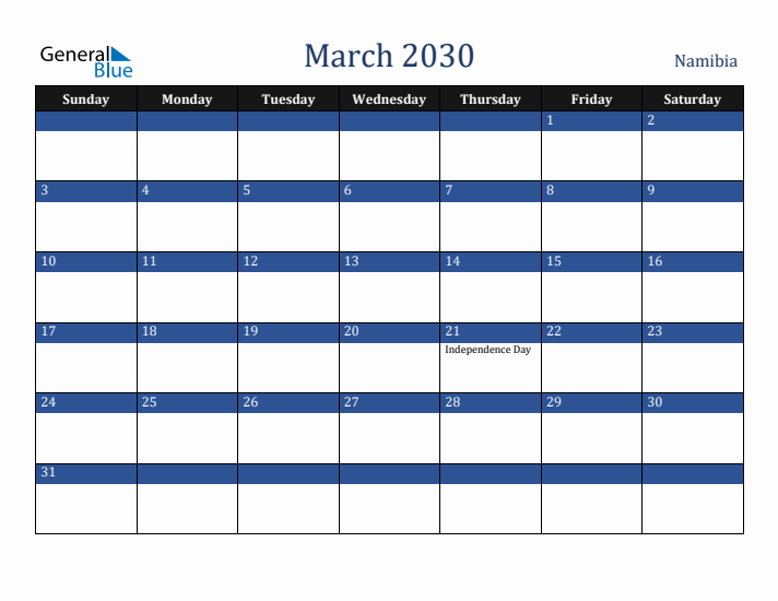 March 2030 Namibia Calendar (Sunday Start)