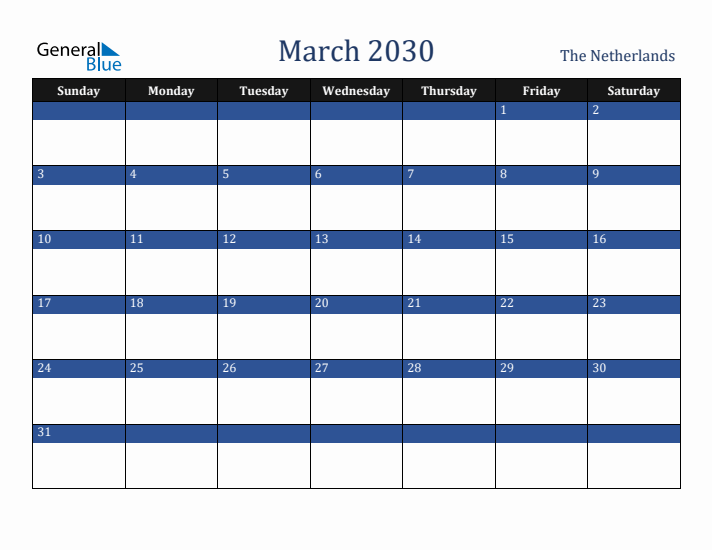 March 2030 The Netherlands Calendar (Sunday Start)
