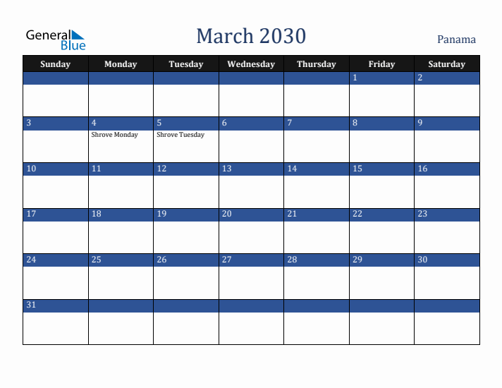 March 2030 Panama Calendar (Sunday Start)