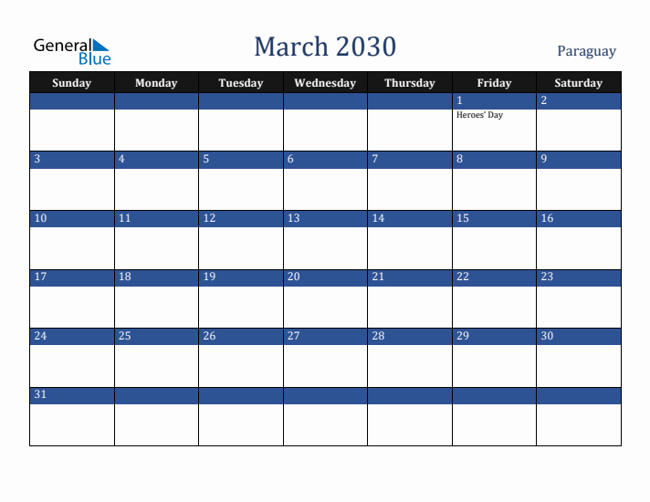 March 2030 Paraguay Calendar (Sunday Start)