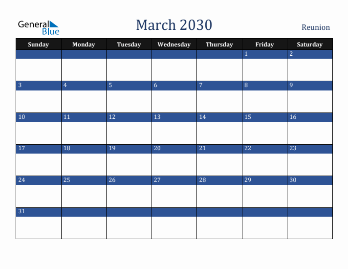 March 2030 Reunion Calendar (Sunday Start)