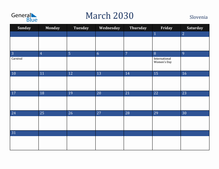 March 2030 Slovenia Calendar (Sunday Start)
