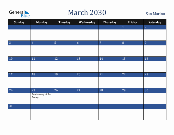 March 2030 San Marino Calendar (Sunday Start)