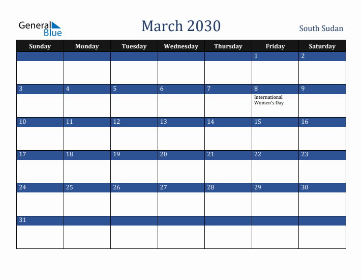 March 2030 South Sudan Calendar (Sunday Start)