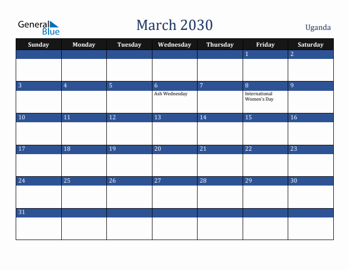 March 2030 Uganda Calendar (Sunday Start)