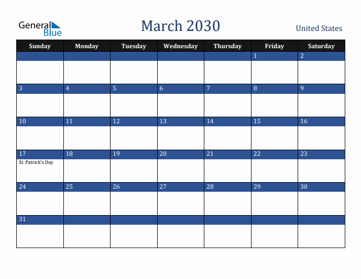 March 2030 United States Calendar (Sunday Start)