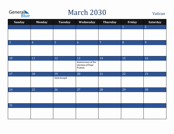 March 2030 Vatican Calendar (Sunday Start)