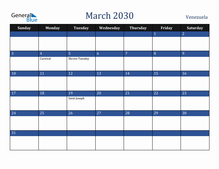 March 2030 Venezuela Calendar (Sunday Start)