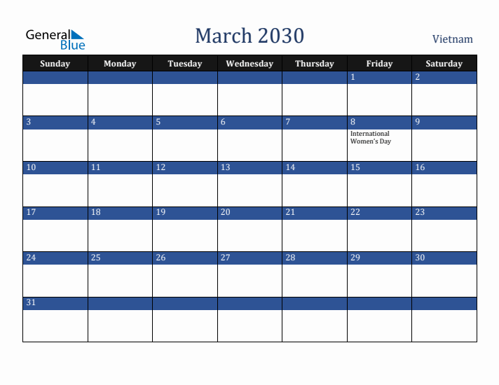 March 2030 Vietnam Calendar (Sunday Start)