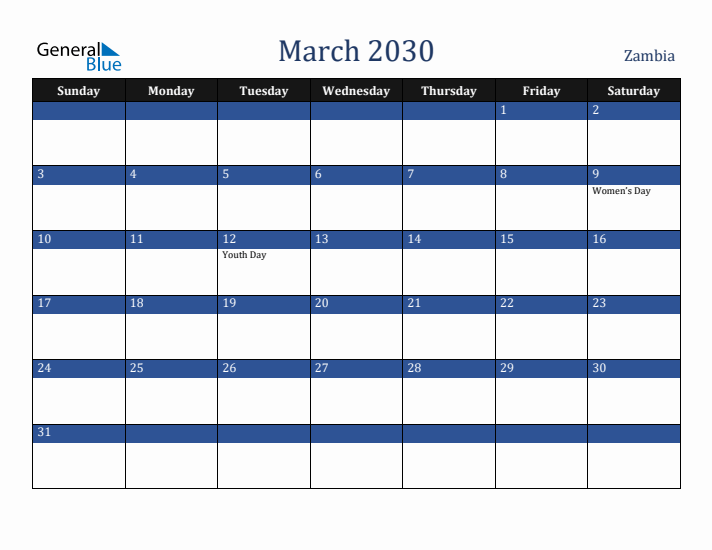 March 2030 Zambia Calendar (Sunday Start)