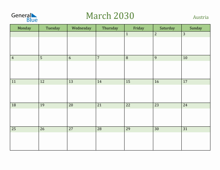 March 2030 Calendar with Austria Holidays