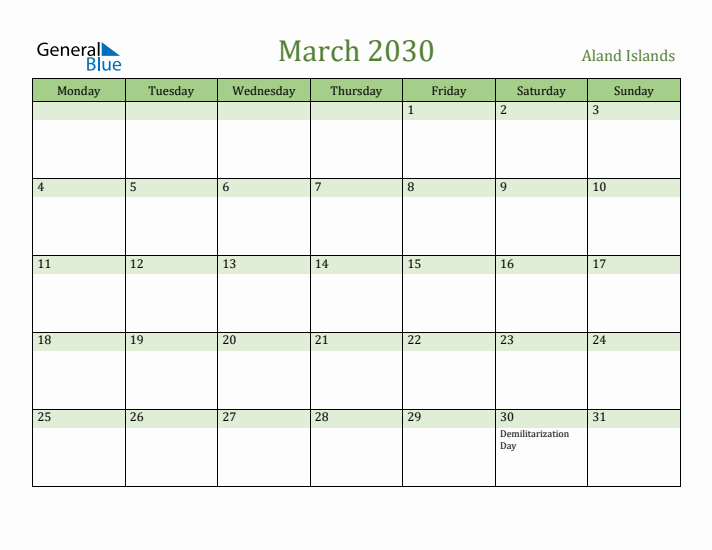 March 2030 Calendar with Aland Islands Holidays