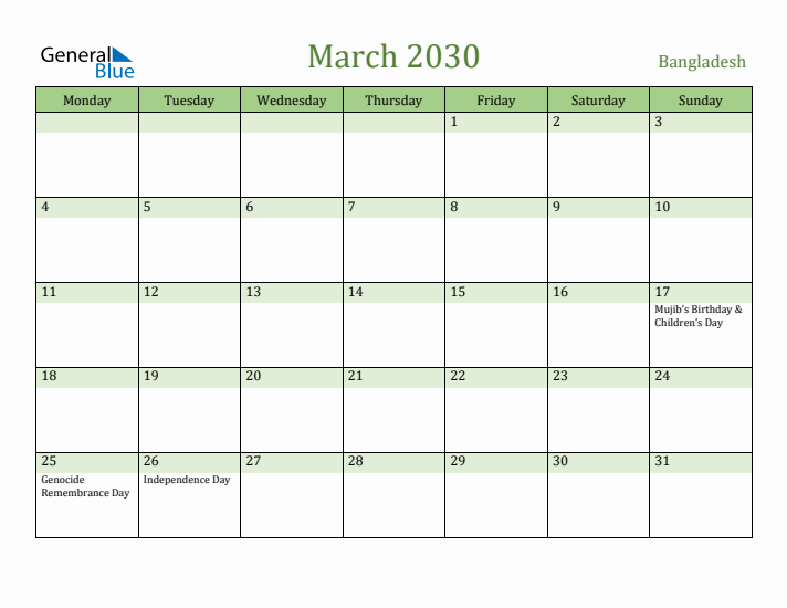 March 2030 Calendar with Bangladesh Holidays