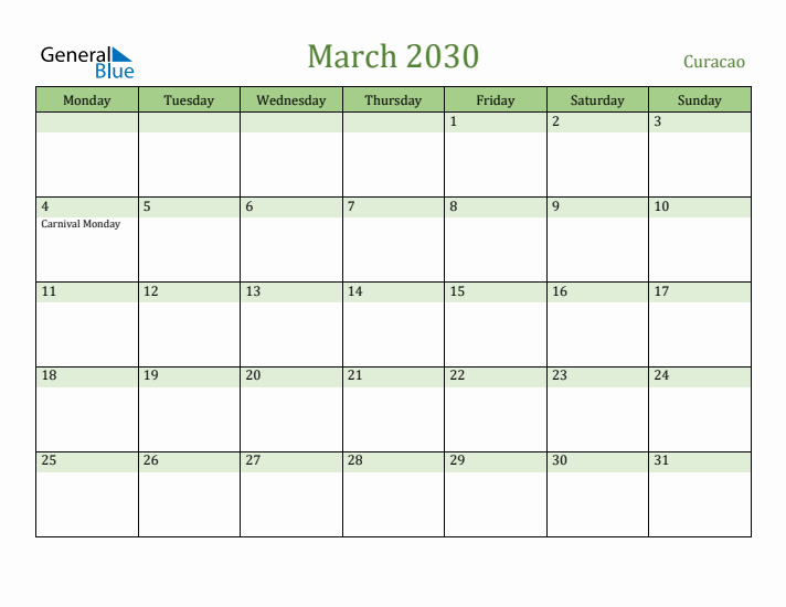 March 2030 Calendar with Curacao Holidays