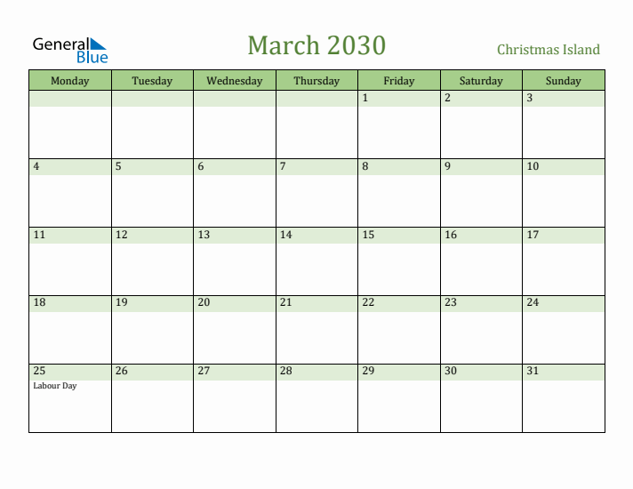 March 2030 Calendar with Christmas Island Holidays