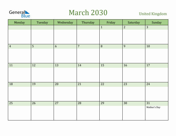 March 2030 Calendar with United Kingdom Holidays