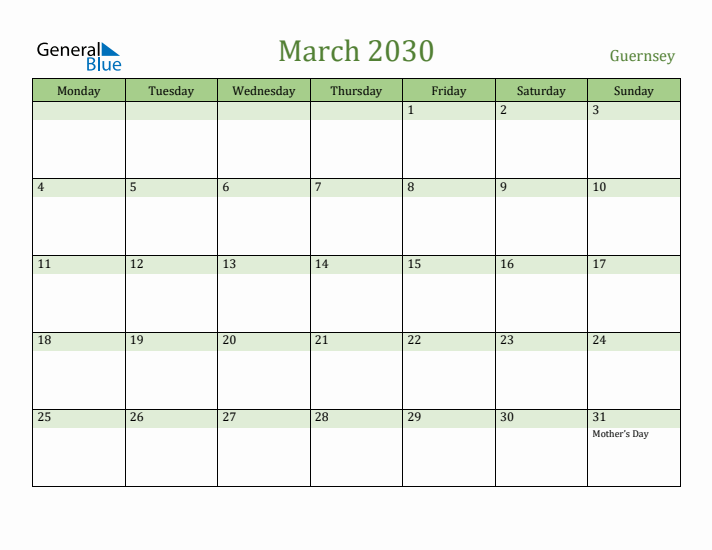 March 2030 Calendar with Guernsey Holidays