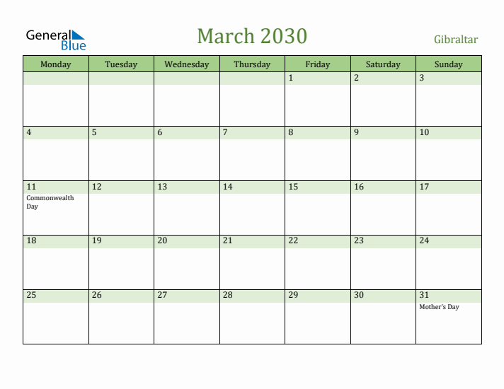 March 2030 Calendar with Gibraltar Holidays