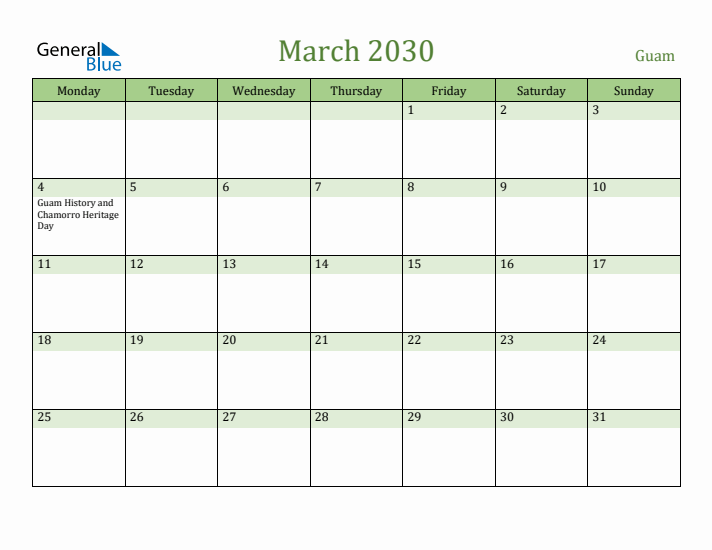 March 2030 Calendar with Guam Holidays